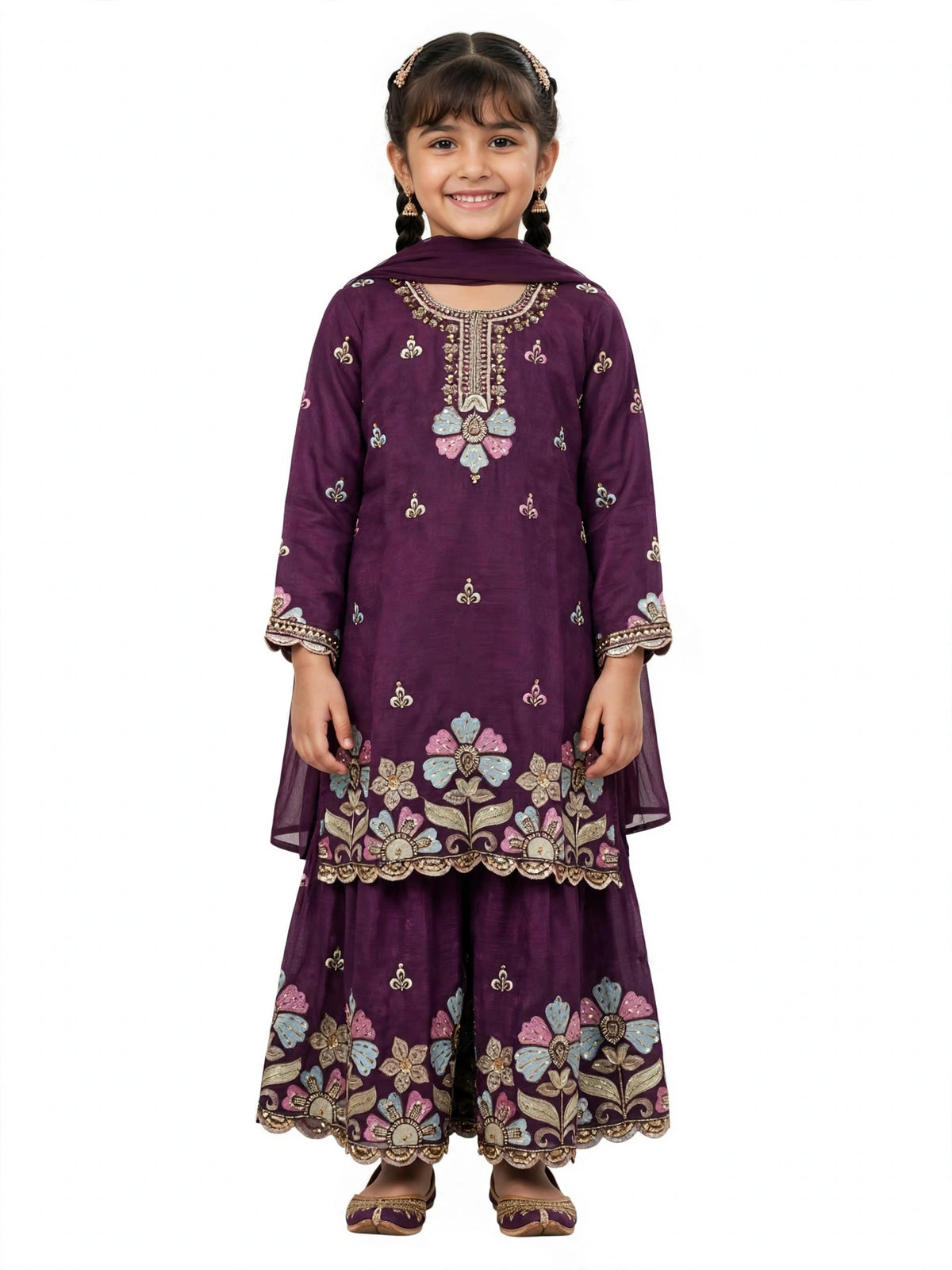 Girls Plum Purple Embroidered Sharara suit